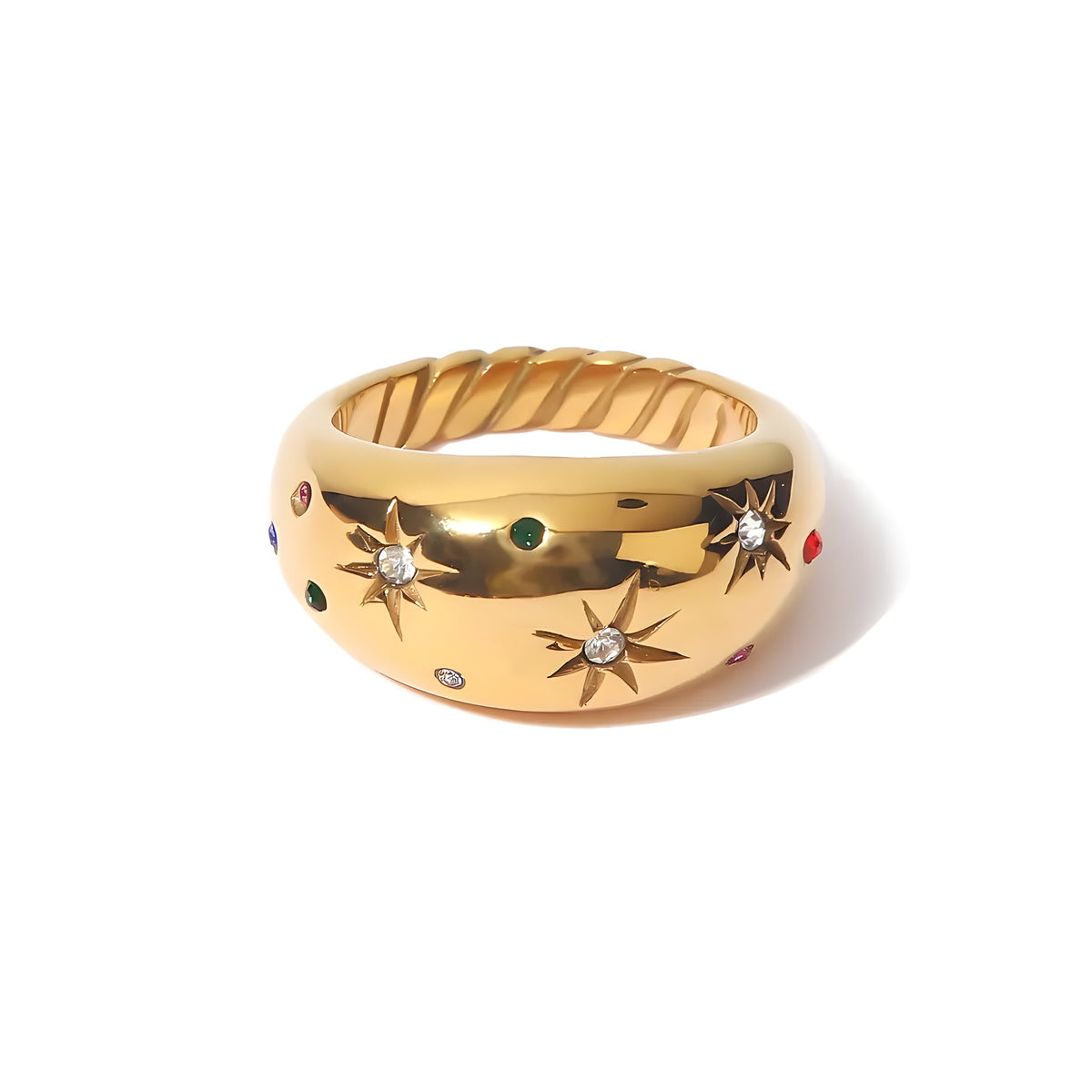 BEHI MILANO Camila Ring — 18k gold chunky dome ring with colorful zircon starbursts on white background