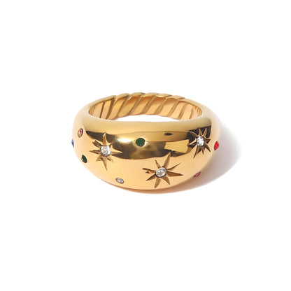 BEHI MILANO Camila Ring — 18k gold chunky dome ring with colorful zircon starbursts on white background