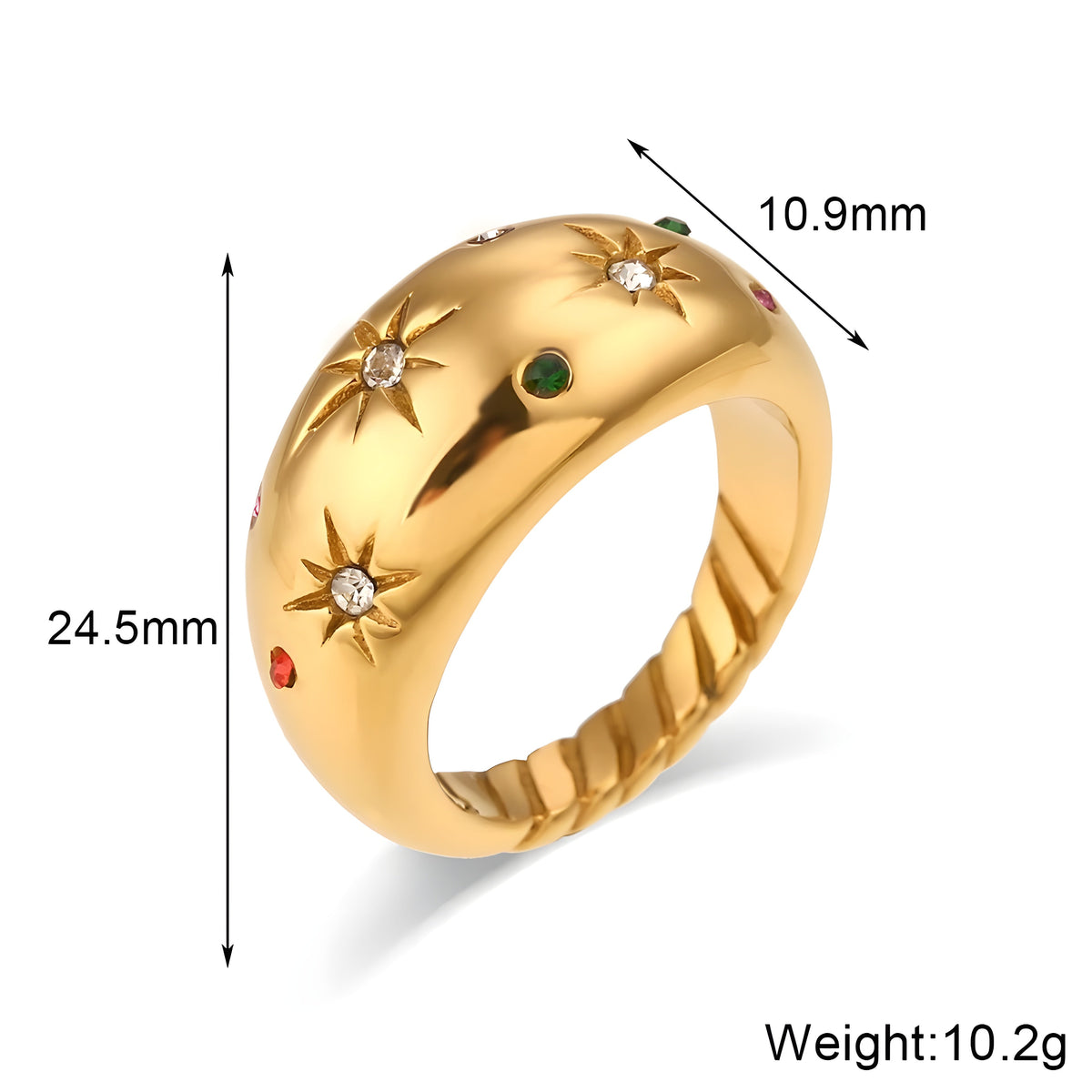 BEHI MILANO Camila Ring technical sketch with measurements showing 24.5mm outer diameter, 10.9mm width, and 10.2g weight