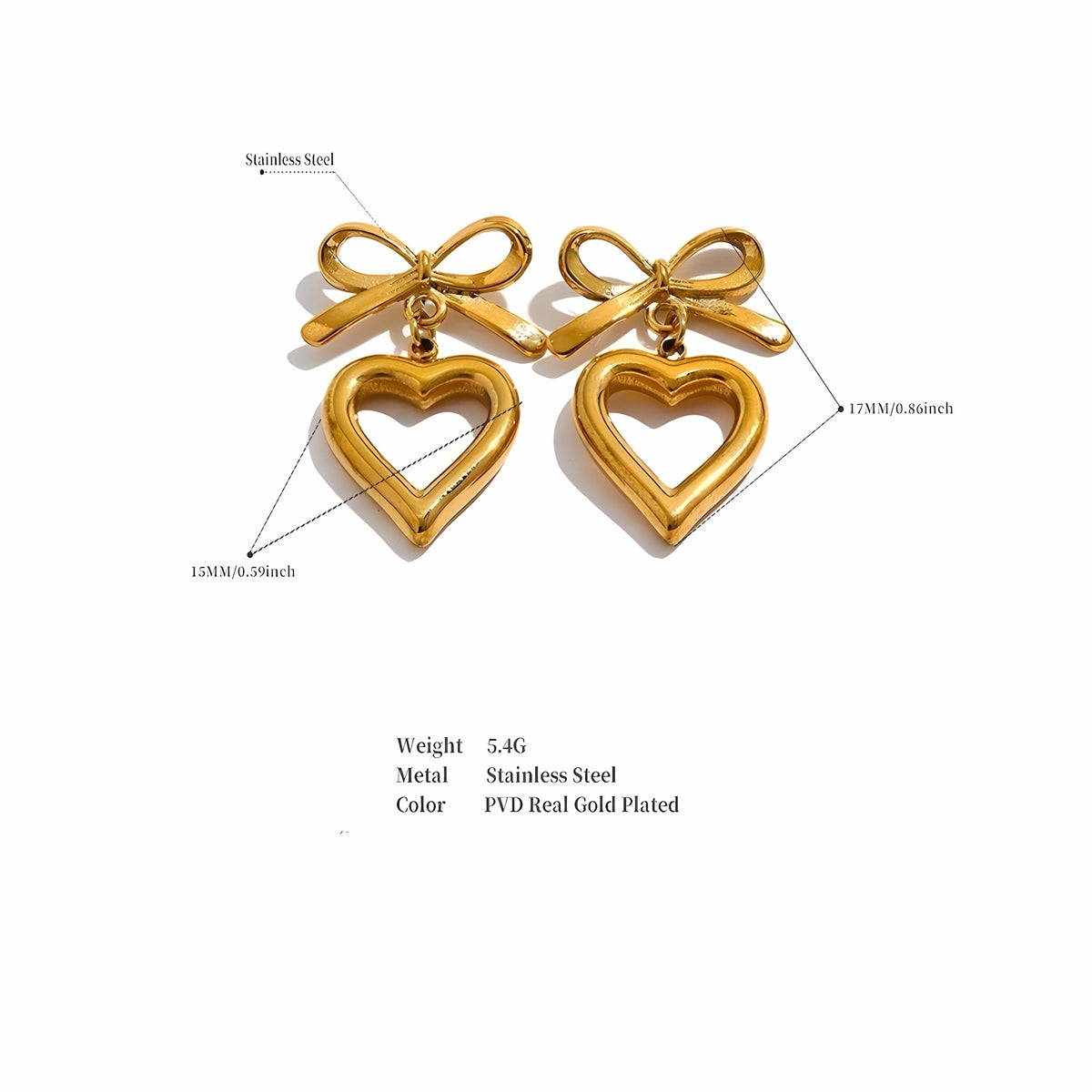 BEHI MILANO Cara Earrings technical sketch showing 17mm height, 15mm width, and 5.4g weight