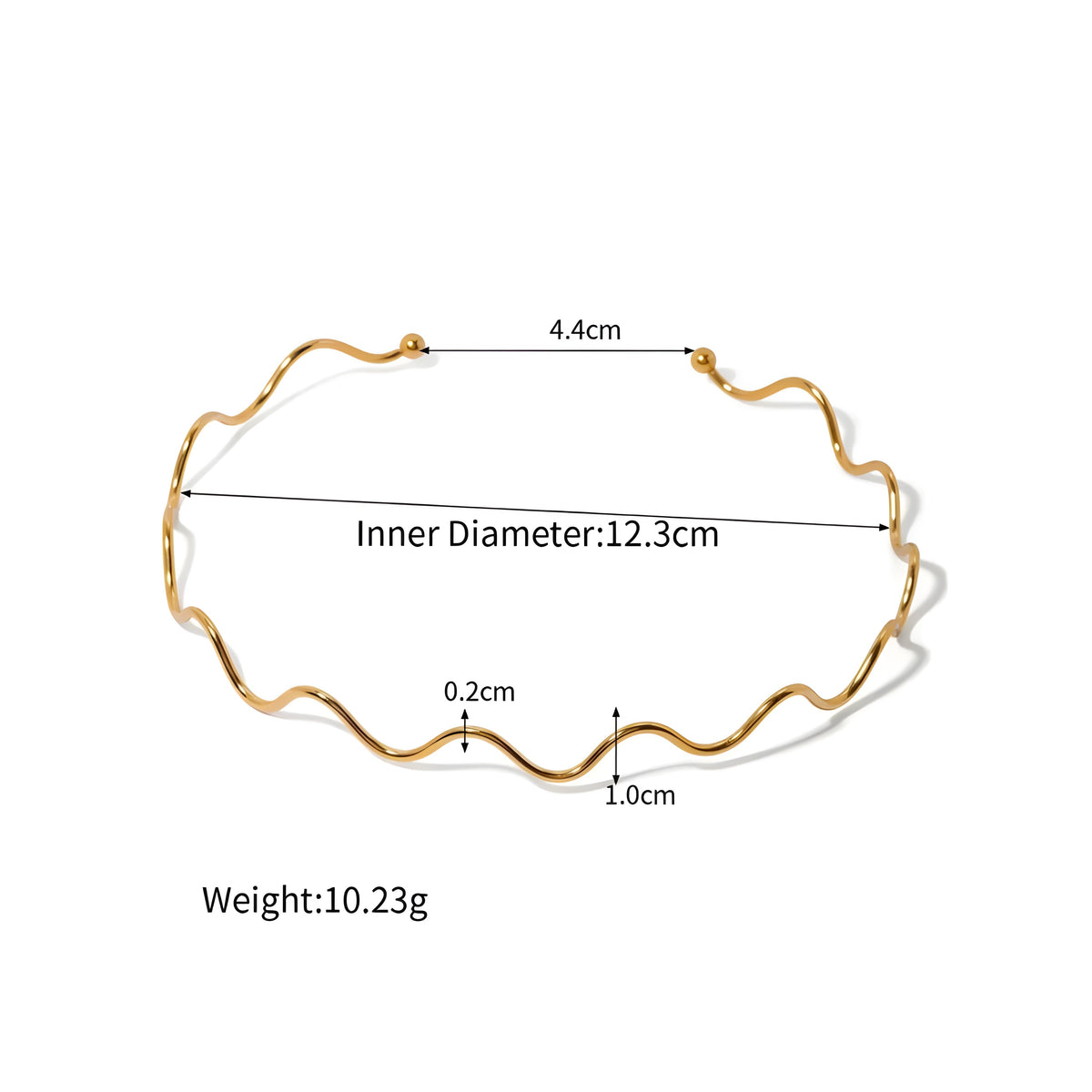BEHI MILANO Carla Choker technical sketch with measurements showing 12.3cm inner diameter, 4.4cm gap, 1.0cm wave peak, and 10.23g weight