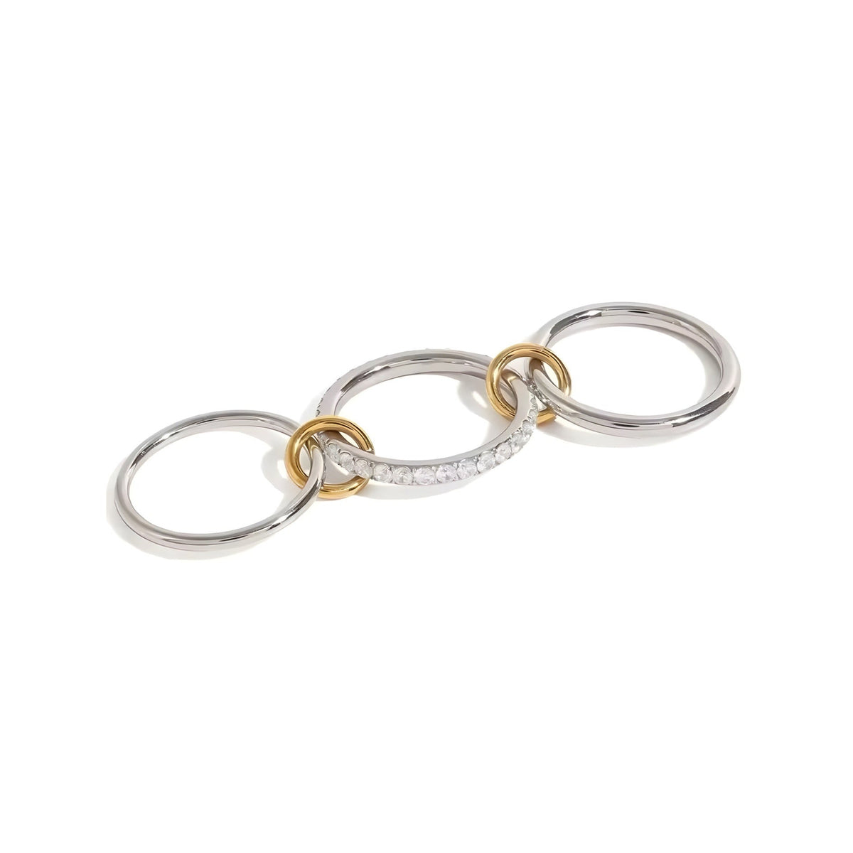 BEHI MILANO Carlita Ring — 3 connected silver rings with pave CZ and 18k gold link accents on white background