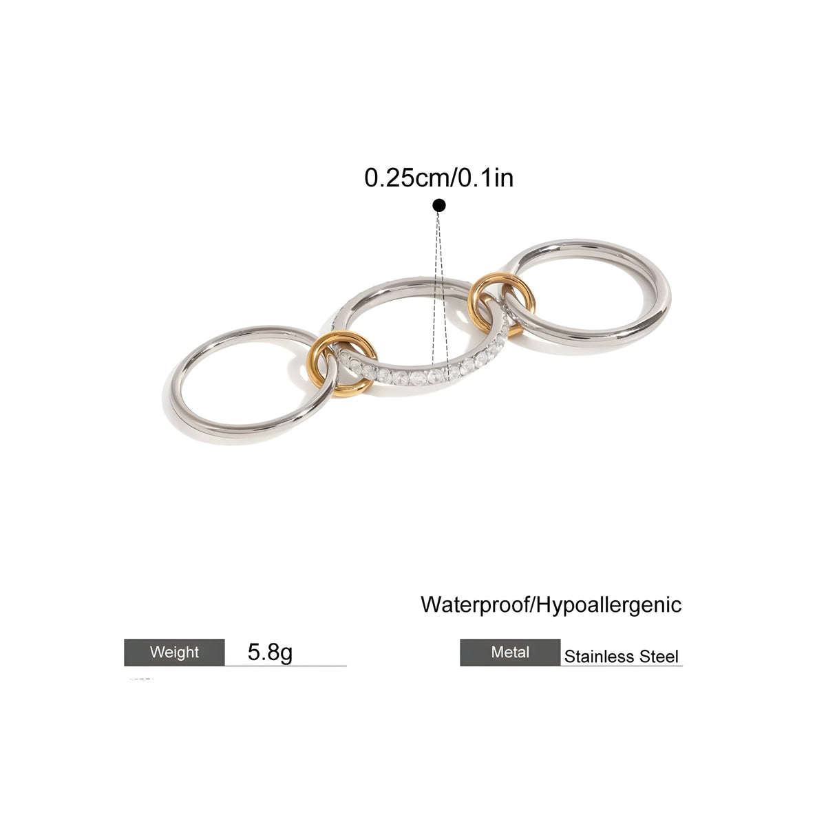 BEHI MILANO Carlita Ring technical diagram showing 0.25cm band width, 5.8g weight, and stainless steel material