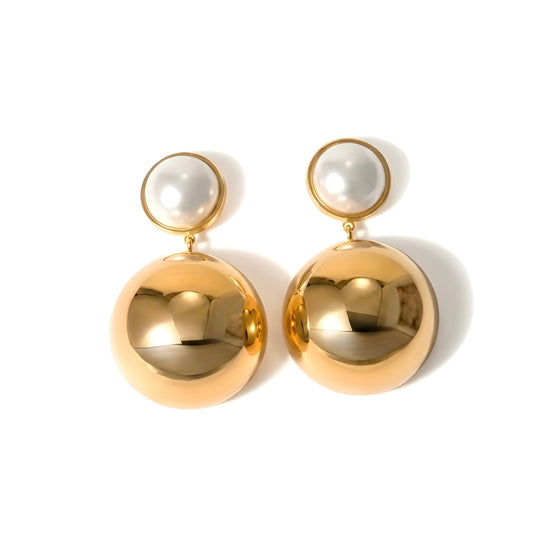 BEHI MILANO Carollina Earrings — 18k gold-plated sphere drop earrings with pearl studs on white background