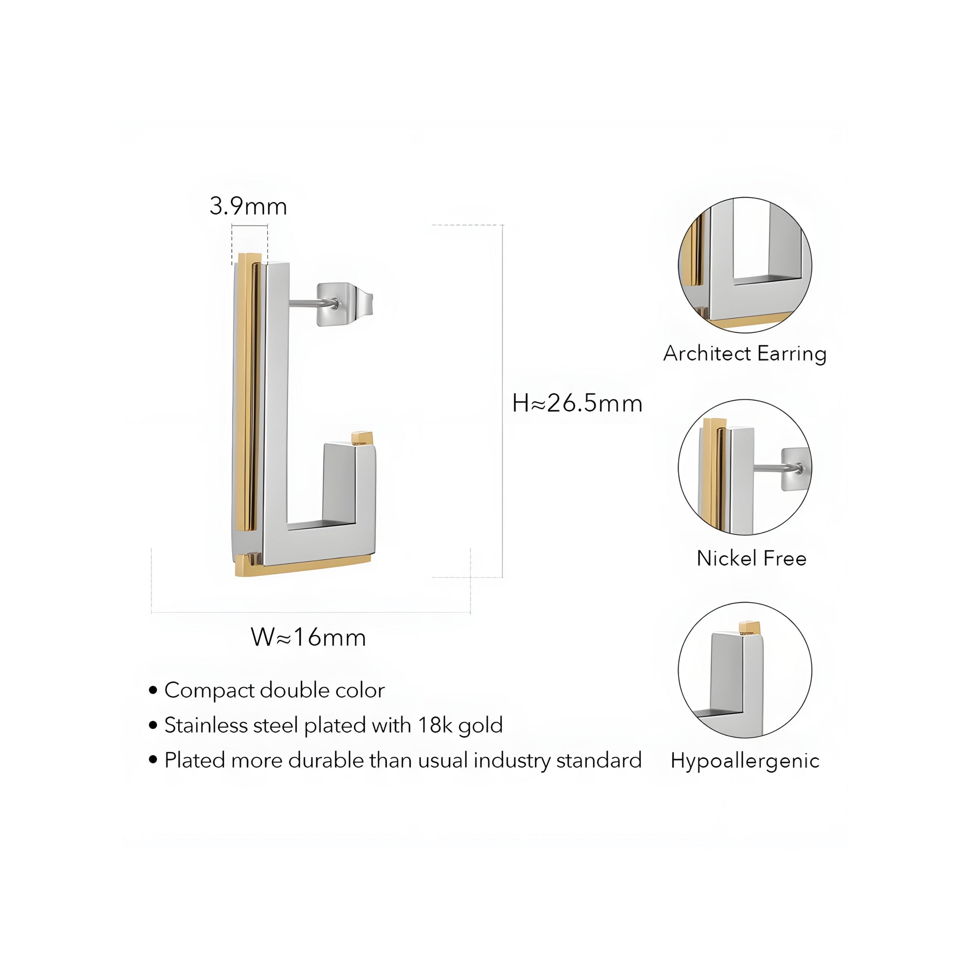 BEHI MILANO Cindy Earrings technical diagram showing 26.5mm height, 16mm width, 3.9mm thickness, and two-tone details
