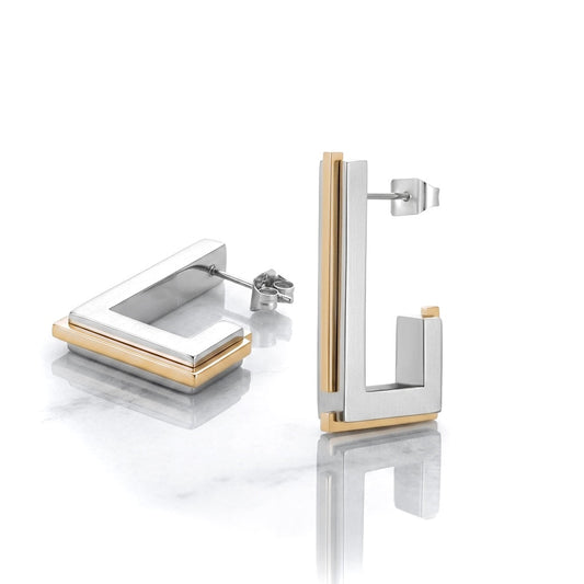 BEHI MILANO Cindy Earrings — two-tone silver and 18k gold architectural rectangular studs on white background