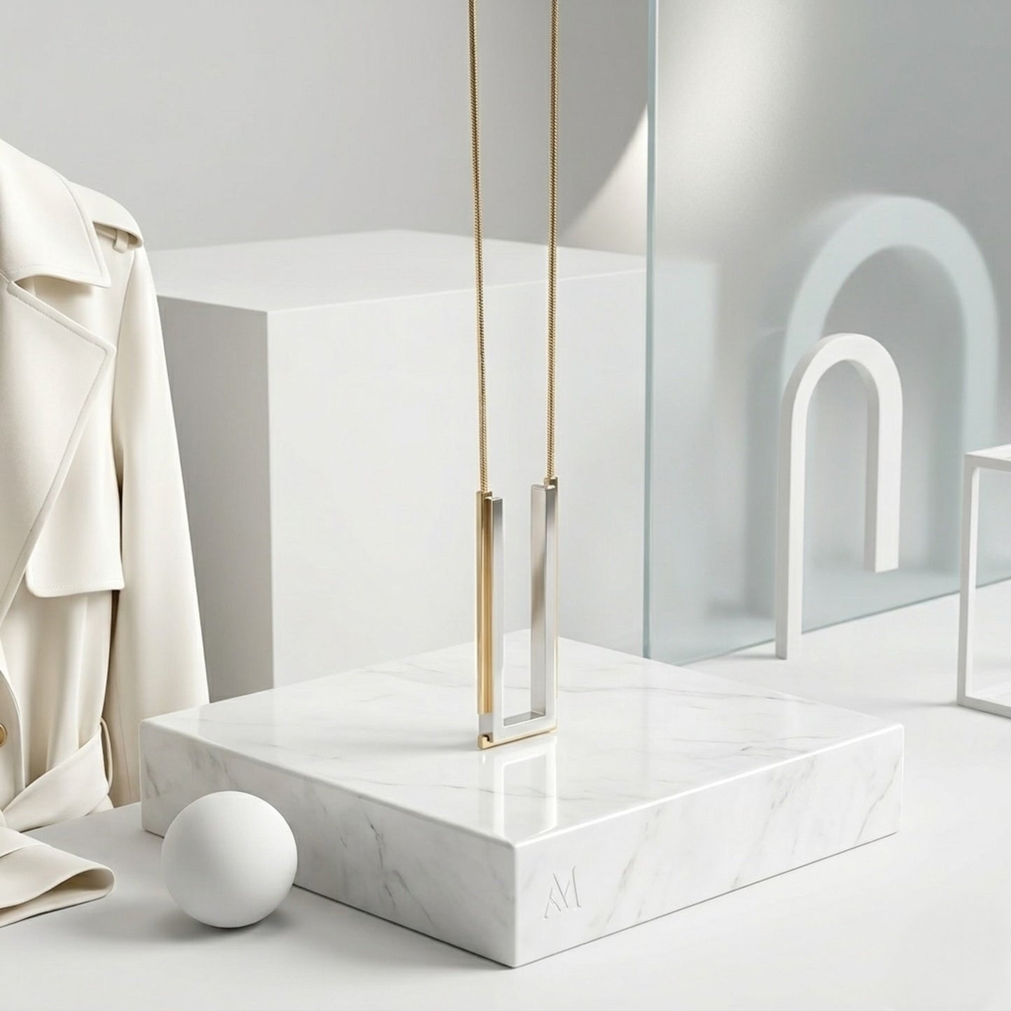 BEHI MILANO Cindy Necklace — fine gold chain with two-tone rectangular pendant on marble necklace display