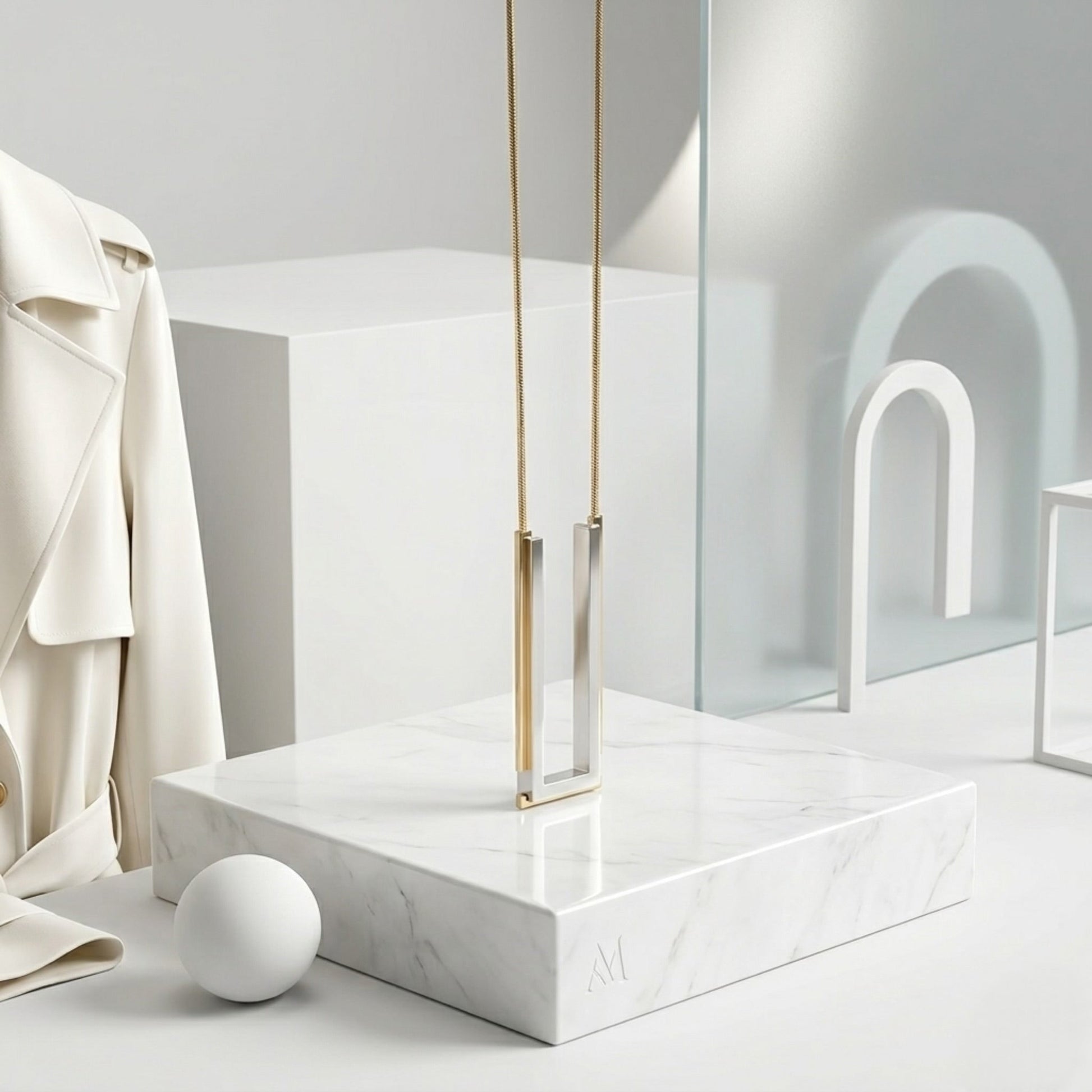 BEHI MILANO Cindy Necklace — fine gold chain with two-tone rectangular pendant on marble necklace display