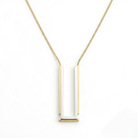 BEHI MILANO Cindy Necklace — two-tone silver and 18k gold rectangular pendant necklace on white background