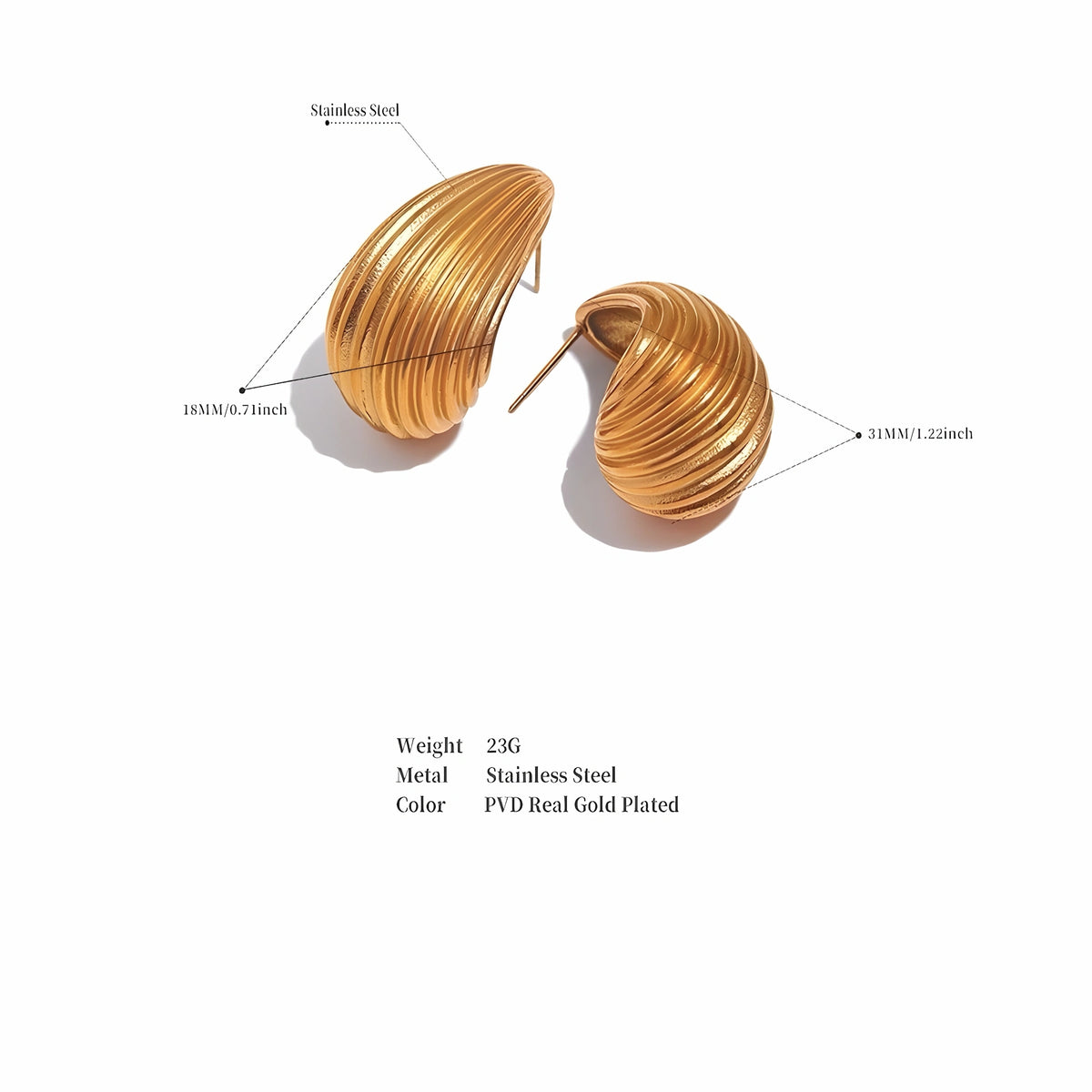 BEHI MILANO Claire Earrings technical diagram showing 31mm height, 18mm width, 23g weight, and 18k gold PVD finish
