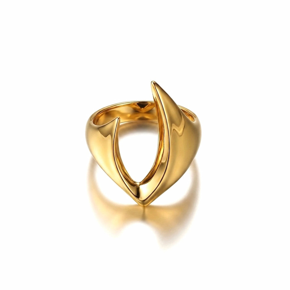 BEHI MILANO Clarissa Ring — 18k gold-plated gothic blade statement ring on white background