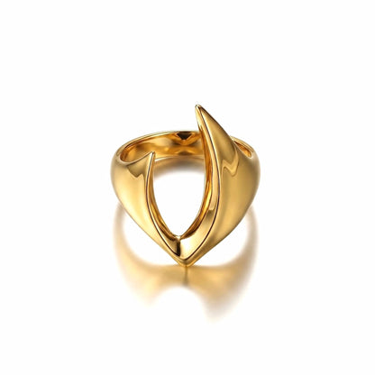 BEHI MILANO Clarissa Ring — 18k gold-plated gothic blade statement ring on white background
