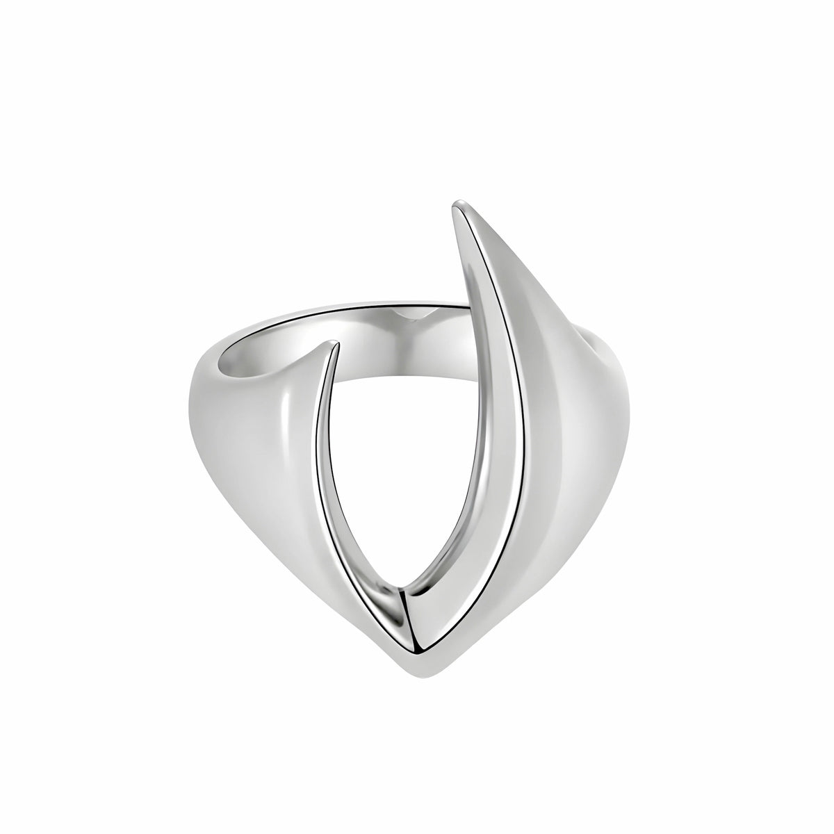 BEHI MILANO Clarissa Ring — front studio shot of silver blade sculptural statement ring
