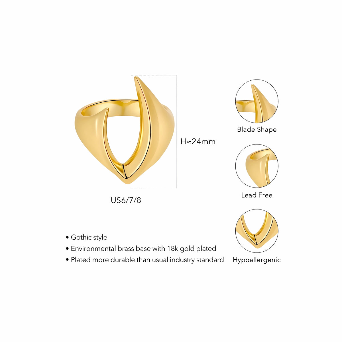 BEHI MILANO Clarissa Ring technical diagram showing 24mm height, US 6 7 8 sizing, and 18k gold brass details