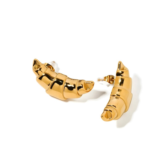 BEHI MILANO Cornetto Earrings — 18k gold-plated croissant crescent stud earrings on white background