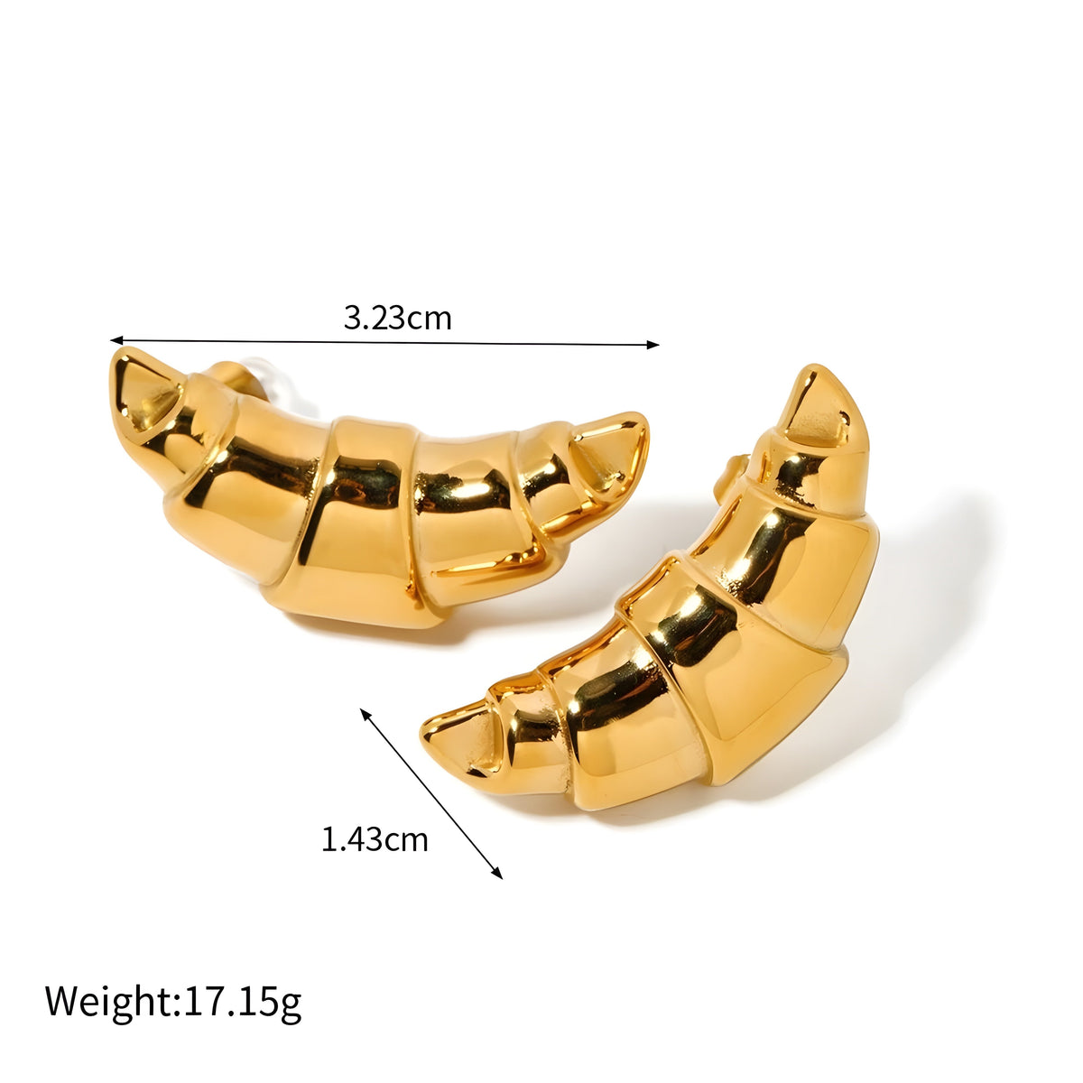 BEHI MILANO Cornetto Earrings technical diagram showing 3.23cm length, 1.43cm width, and 17.15g weight
