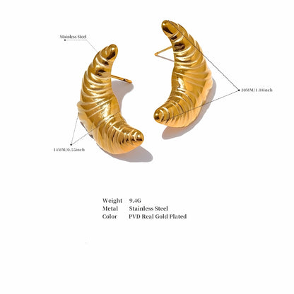 BEHI MILANO Croissant Earrings technical diagram showing 30mm height, 14mm width, 9.4g weight, and 18k gold PVD finish