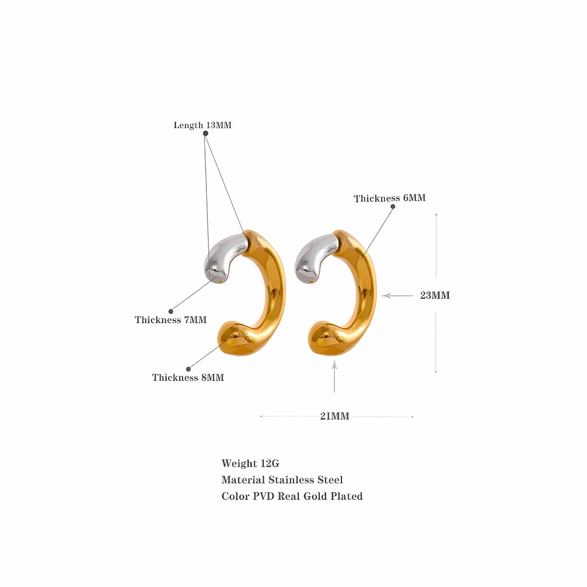 BEHI MILANO Dafne Earrings technical schematic showing 23mm height, 21mm width, 13mm top length, 6-8mm thickness, and 12g weight