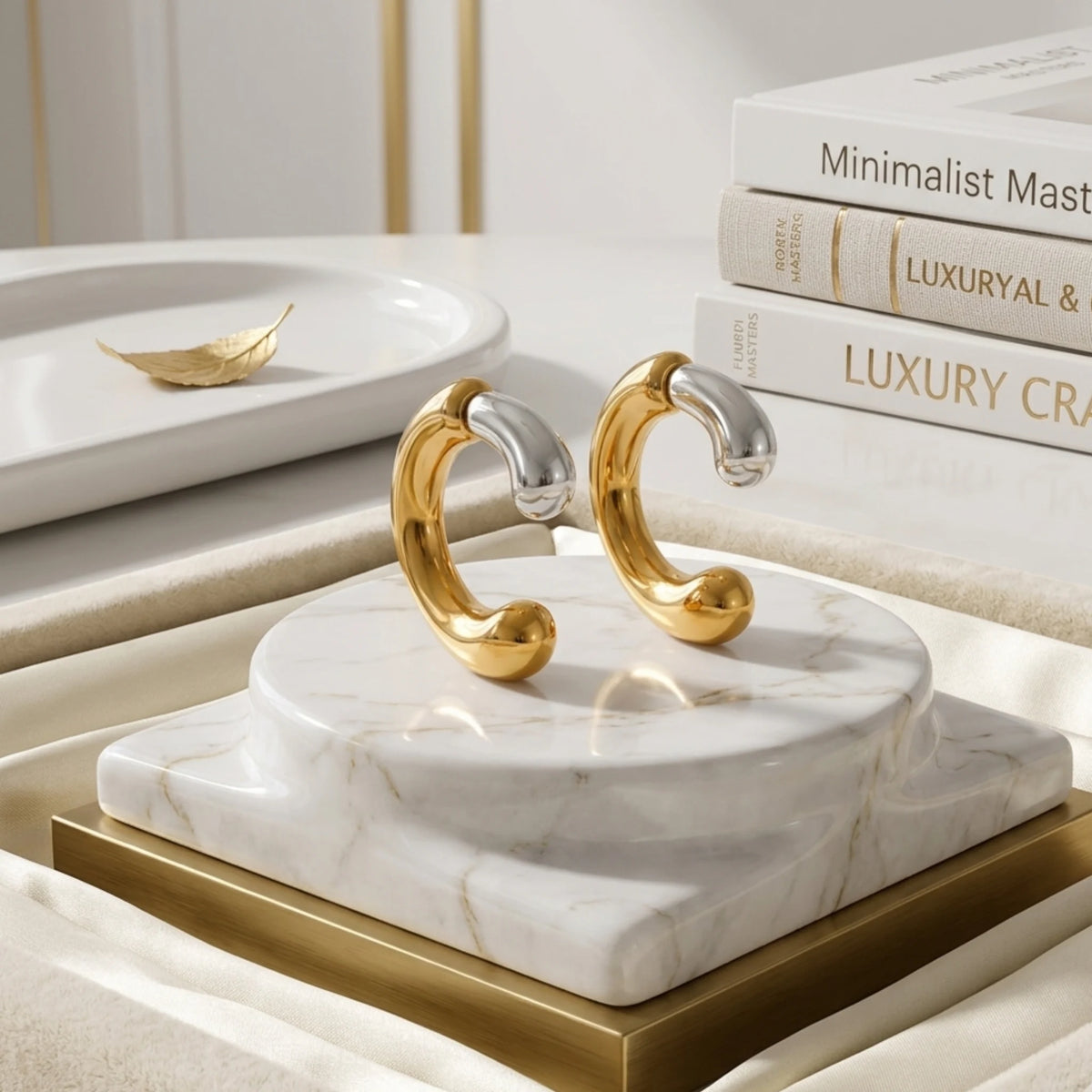 BEHI MILANO Dafne Earrings — close-up view of gold and silver curved hoops on white marble pedestal