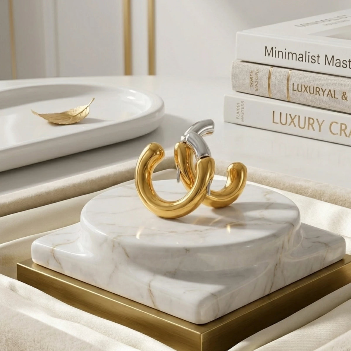 BEHI MILANO Dafne Earrings — two-tone gold and silver hoops displayed on round white marble pedestal next to art books
