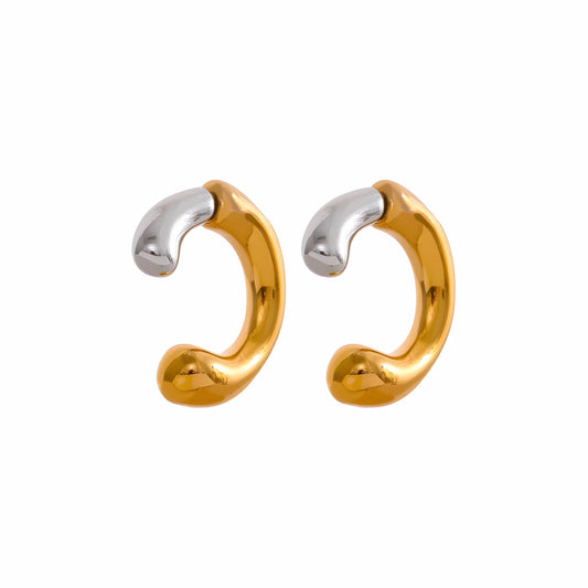 BEHI MILANO Dafne Earrings — two-tone 18k gold and silver open hoop drop earrings on white background