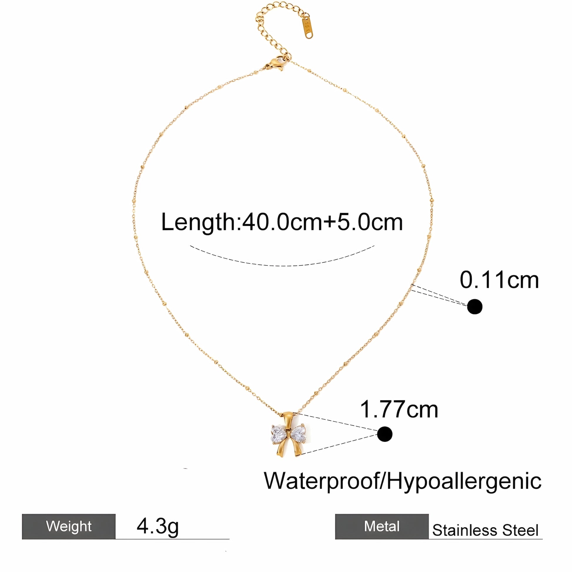 BEHI MILANO Dalia Necklace technical diagram showing 40+5cm length, 1.77cm pendant, 0.11cm chain, and 4.3g weight