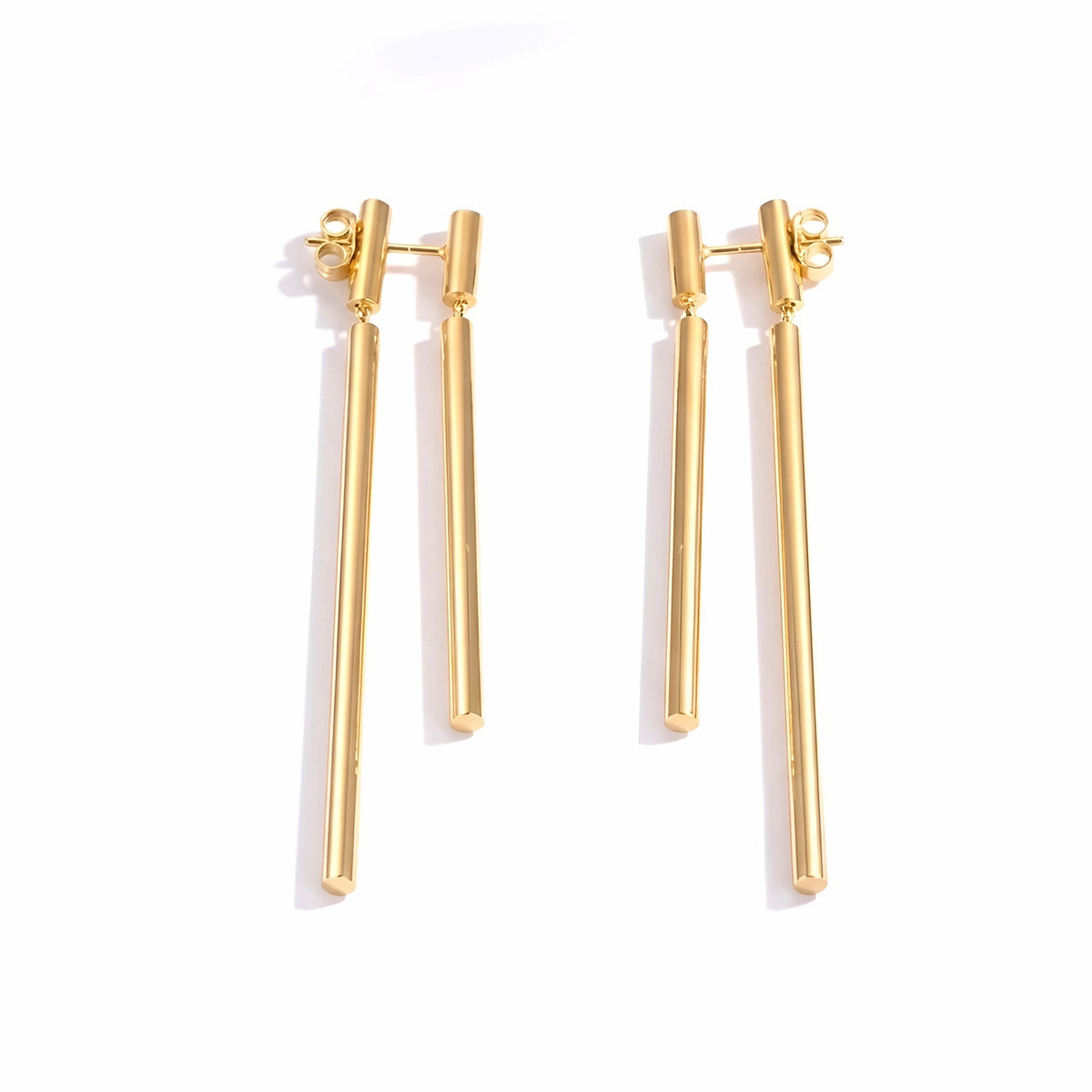 BEHI MILANO Deffi Earrings — 18k double gold-plated double-rod drop earrings on white background