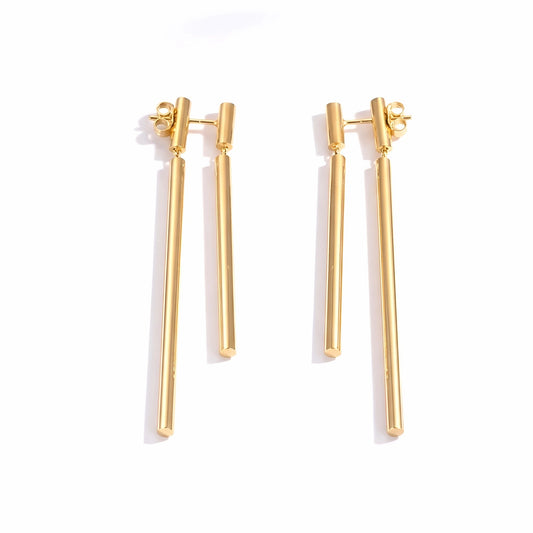 BEHI MILANO Deffi Earrings — 18k double gold-plated double-rod drop earrings on white background