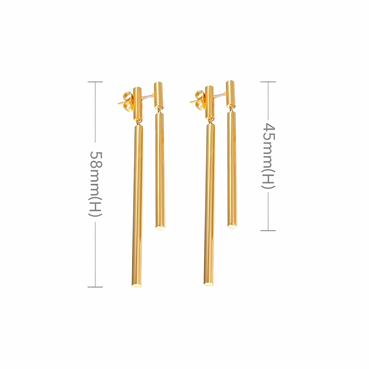 BEHI MILANO Deffi Earrings technical dimension guide showing 58mm long rod height and 45mm short rod height