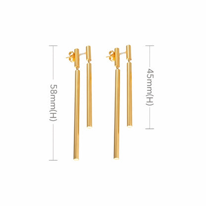 BEHI MILANO Deffi Earrings technical dimension guide showing 58mm long rod height and 45mm short rod height