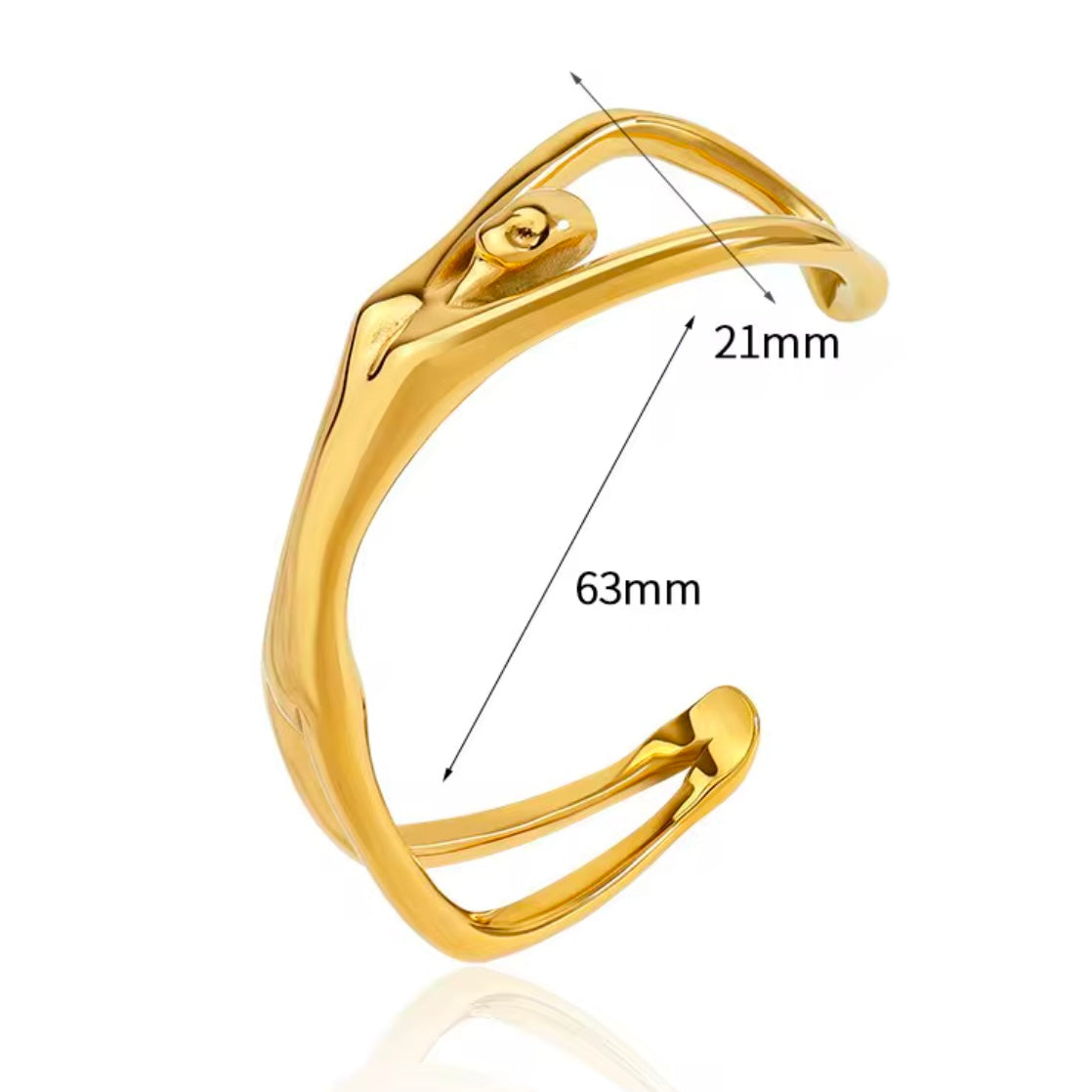 BEHI MILANO Devika Bracelet technical diagram showing 63mm inner diameter and 21mm width dimensions