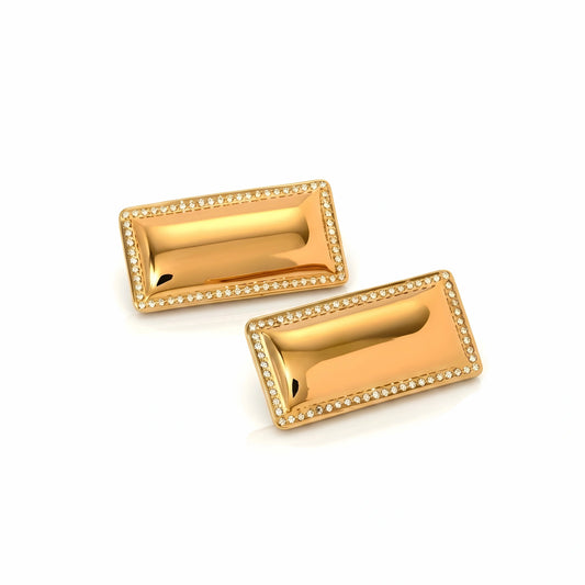 BEHI MILANO Dezi Earrings — 18k gold-plated rectangular statement studs with crystal trim on white background
