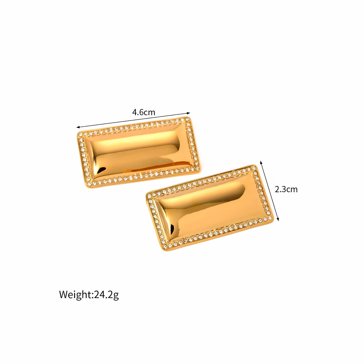 BEHI MILANO Dezi Earrings technical diagram showing 4.6cm length, 2.3cm width, and 24.2g weight