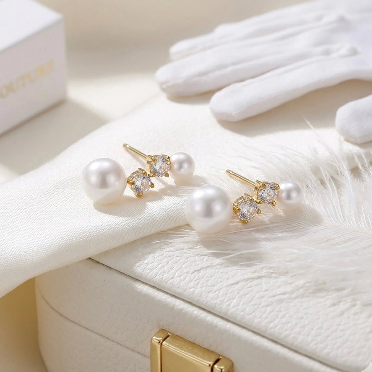 BEHI MILANO Diana Earrings — gold pearl drop studs displayed on white jewelry box with silk and feather