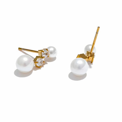 BEHI MILANO Diana Earrings — side angle view of gold pearl and zircon stud post backings on white background