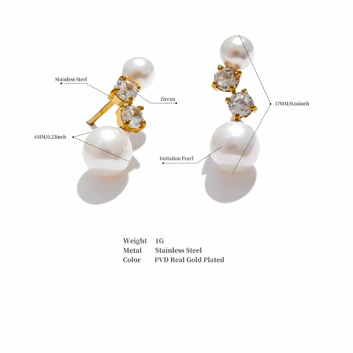 BEHI MILANO Diana Earrings technical diagram showing 17mm total length, 6mm pearl diameter, and 1g weight