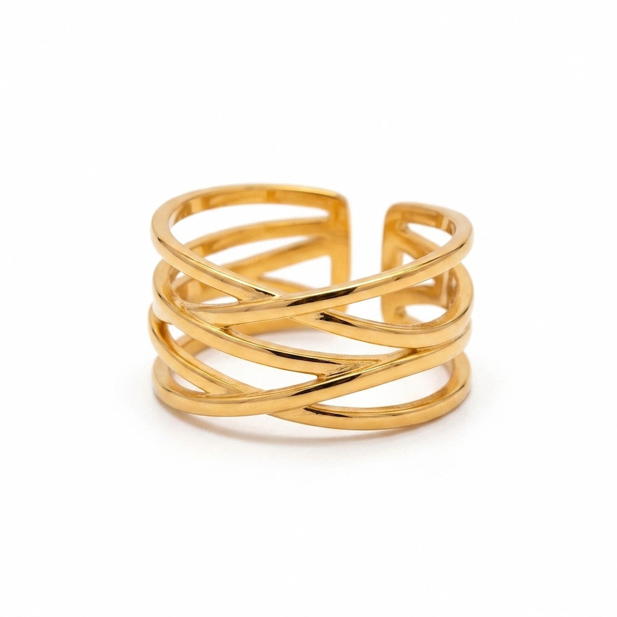 BEHI MILANO Eden Ring — 18k gold plated open-back multi-band statement ring on white background