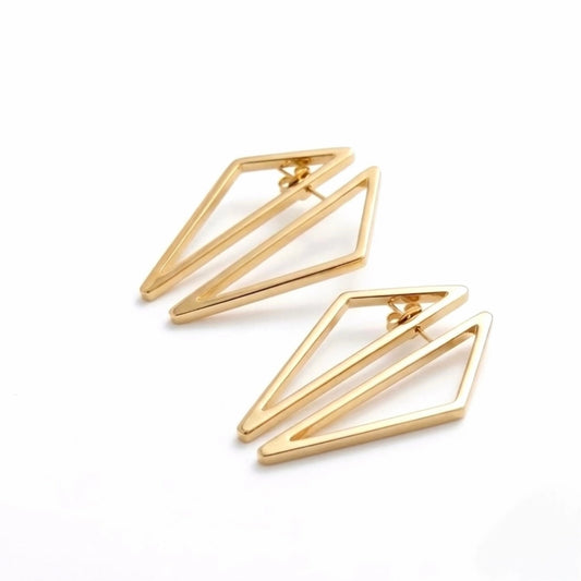 BEHI MILANO Elif Earrings — 18k gold plated 3D geometric polygonal statement earrings on white background