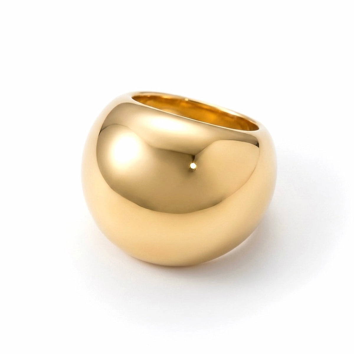 BEHI MILANO Elika Ring — 18k gold plated oversized spherical dome statement ring on white background