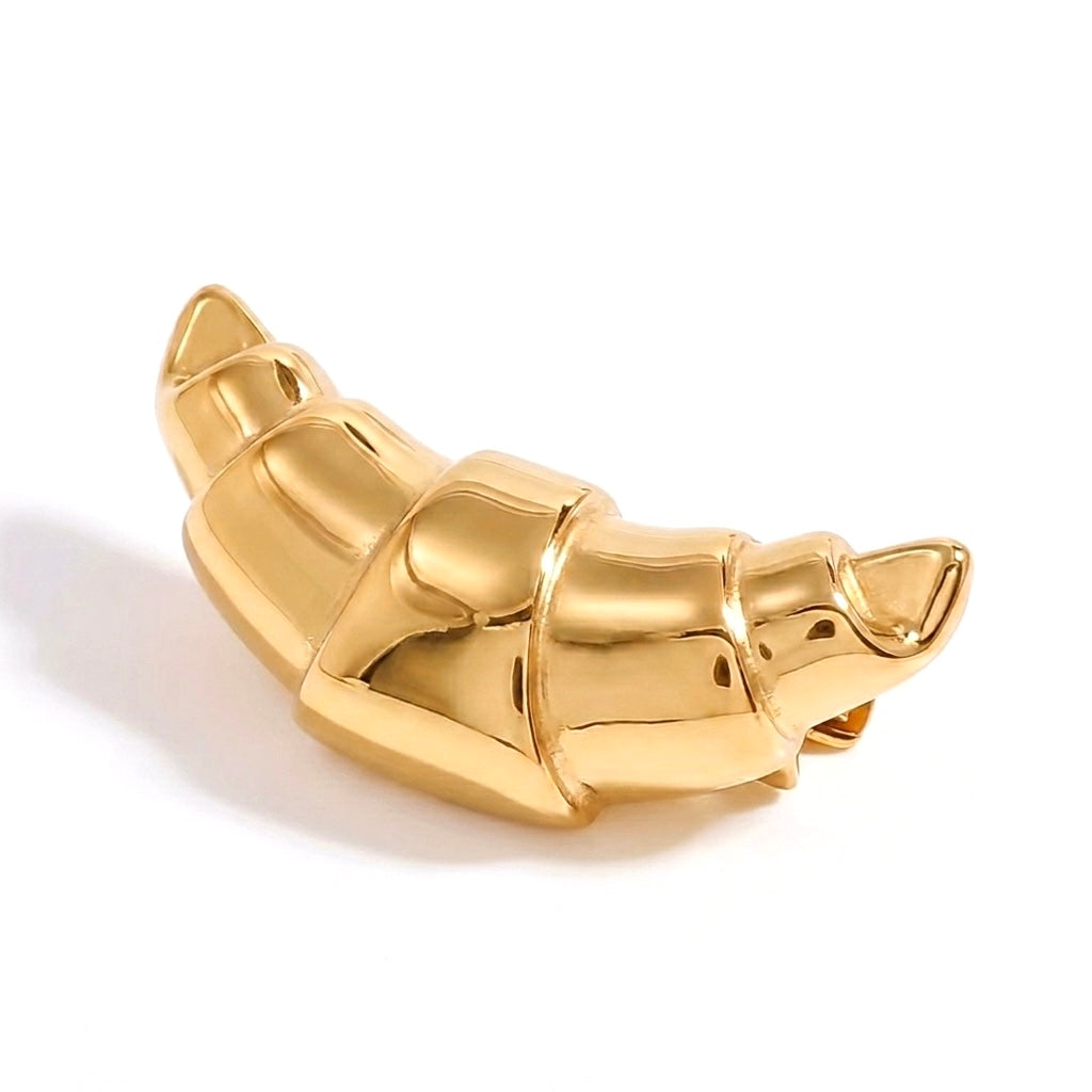 BEHI MILANO Elisa Brooch — 18k gold plated croissant shaped lapel pin brooch on white background