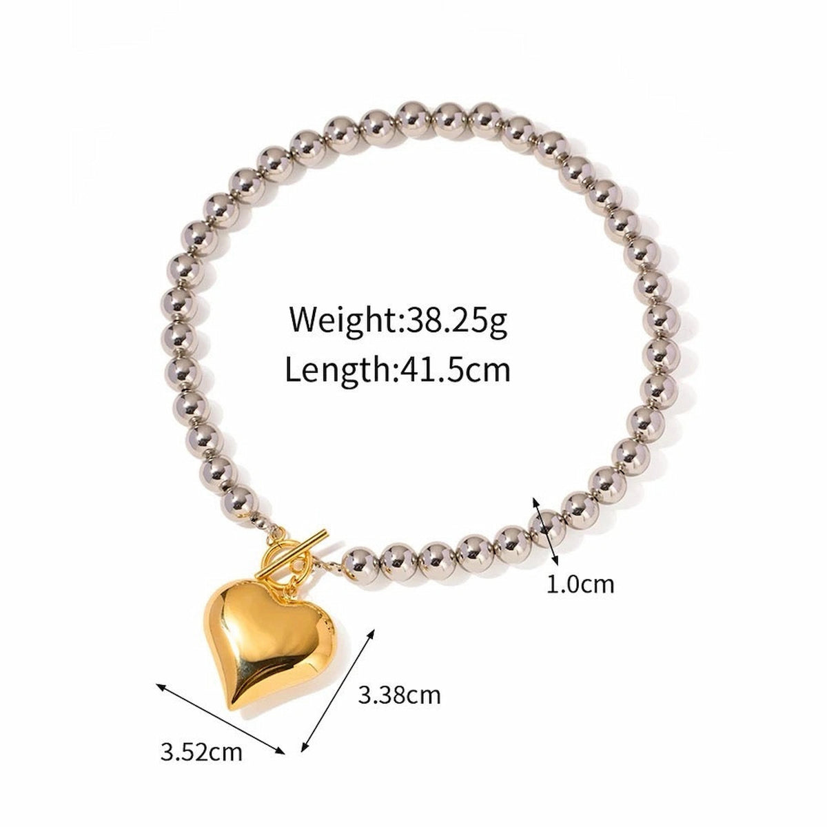 BEHI MILANO Emma Choker technical diagram showing 41.5cm length, 1.0cm beads, and 3.52cm by 3.38cm gold heart charm