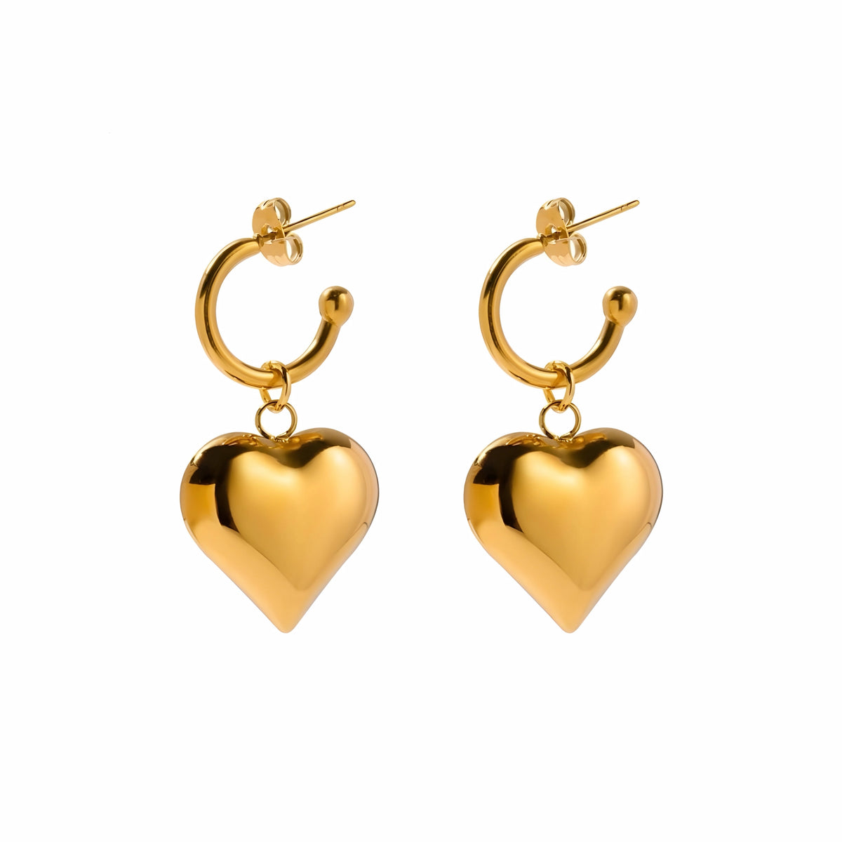 BEHI MILANO Emma Earrings — 18k gold puffy heart drop hoop earrings front view on white background