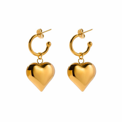 BEHI MILANO Emma Earrings — 18k gold puffy heart drop hoop earrings front view on white background