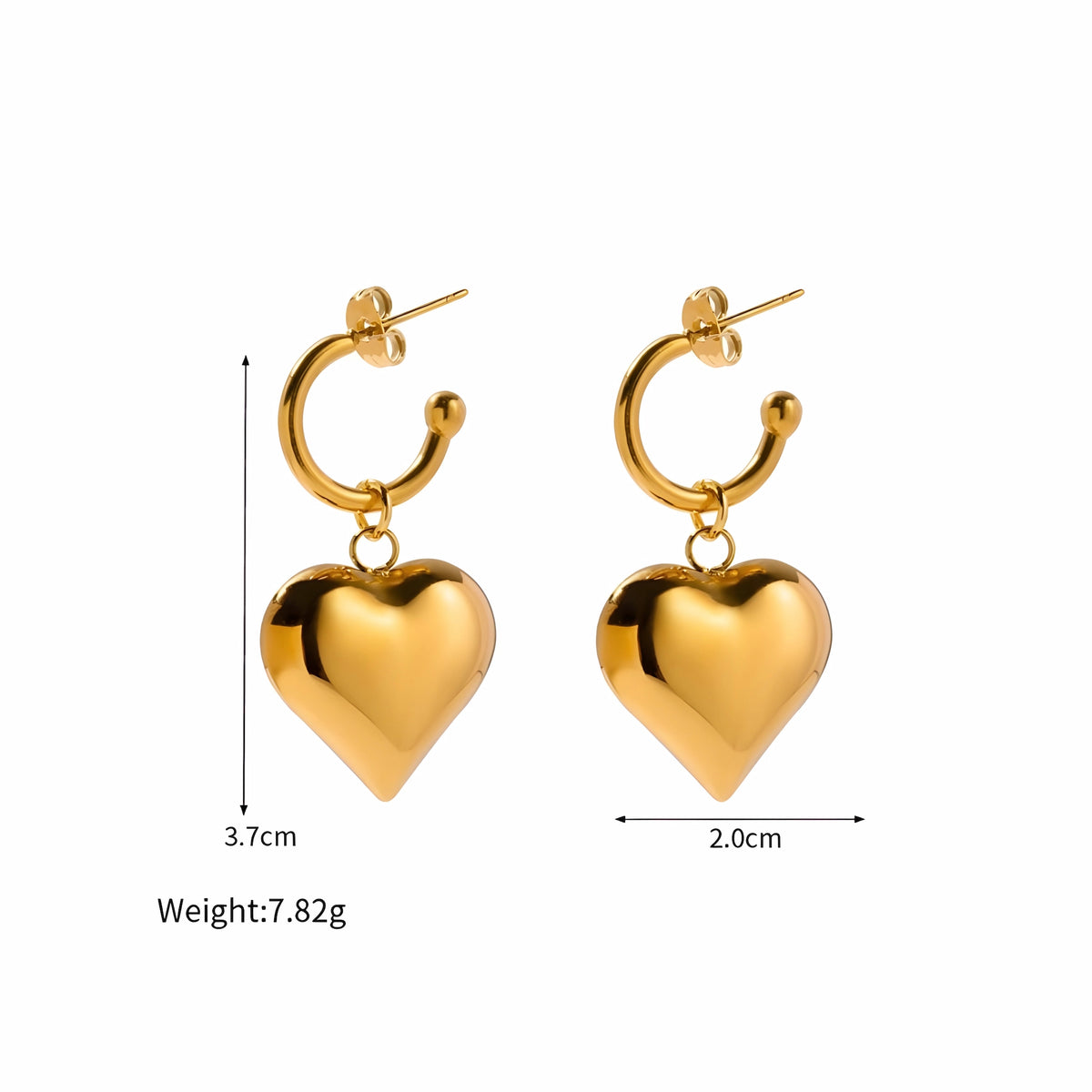 BEHI MILANO Emma Earrings technical diagram showing 3.7cm height, 2.0cm width, and 7.82g weight