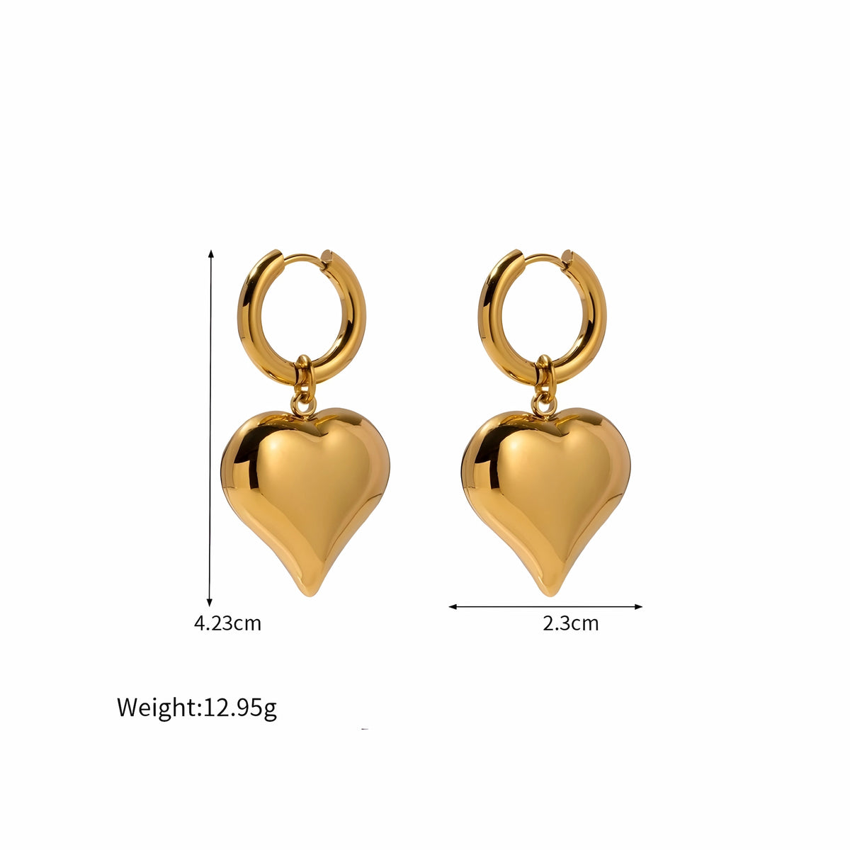 BEHI MILANO Emma Hoop Earrings technical diagram showing 4.23cm drop height, 2.3cm width, and 12.95g weight