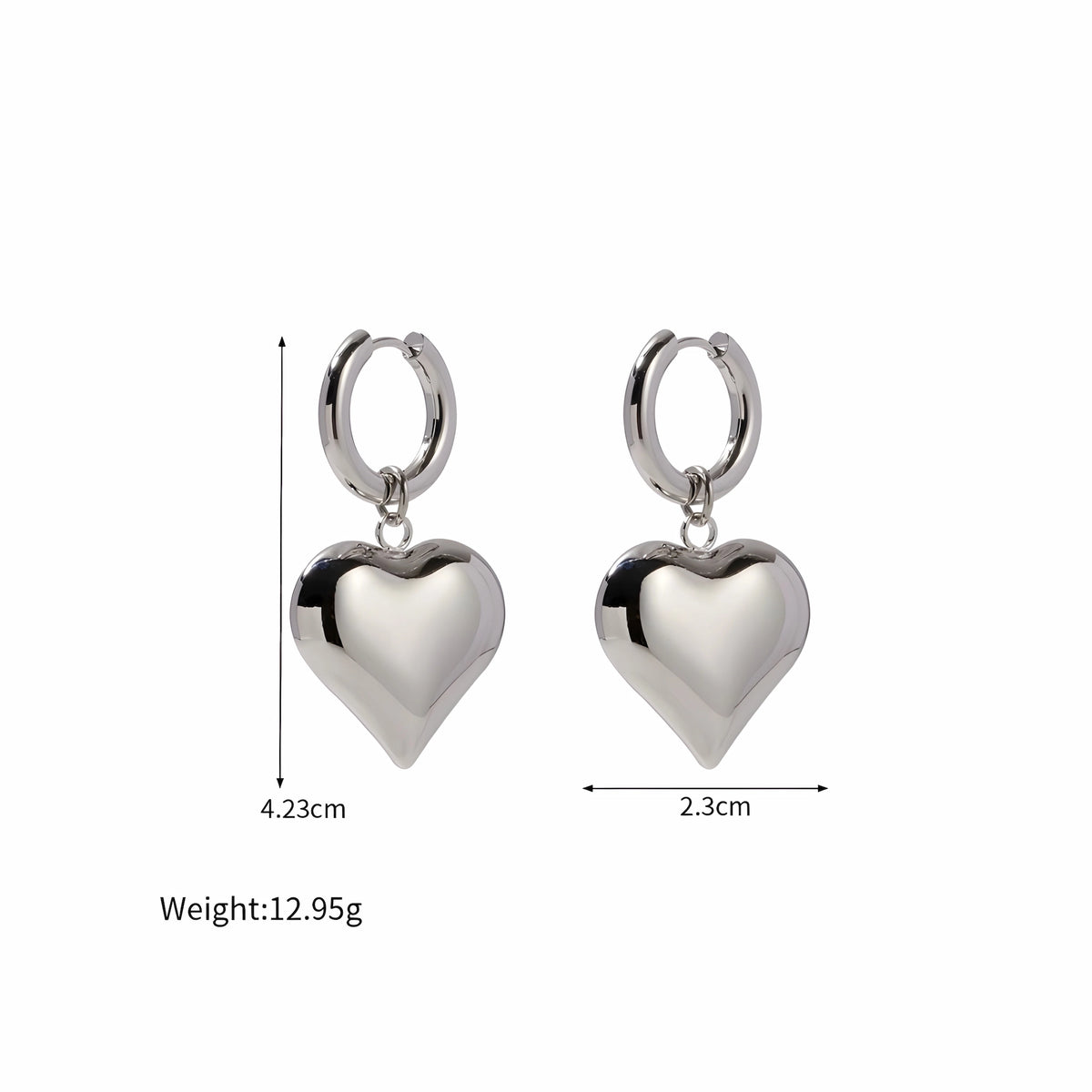 BEHI MILANO Emma Hoop Earrings silver technical diagram showing 4.23cm height, 2.3cm width, and 12.95g weight