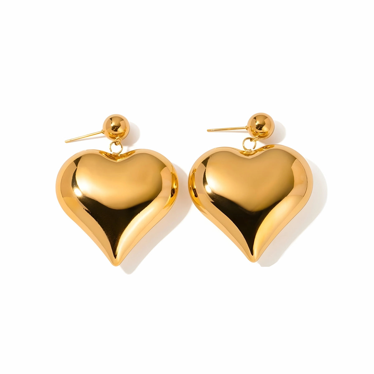 BEHI MILANO Emma XL Earrings — 18k gold oversized puffy heart drop earrings front view on white background
