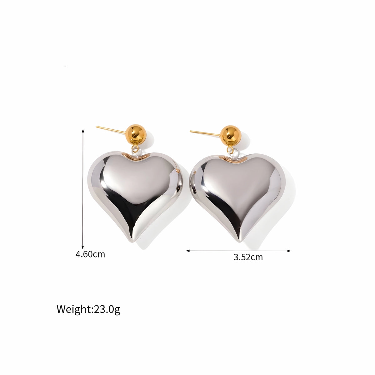 BEHI MILANO Emma XL Earrings technical diagram showing 4.60cm drop height, 3.52cm width, and 23.0g weight