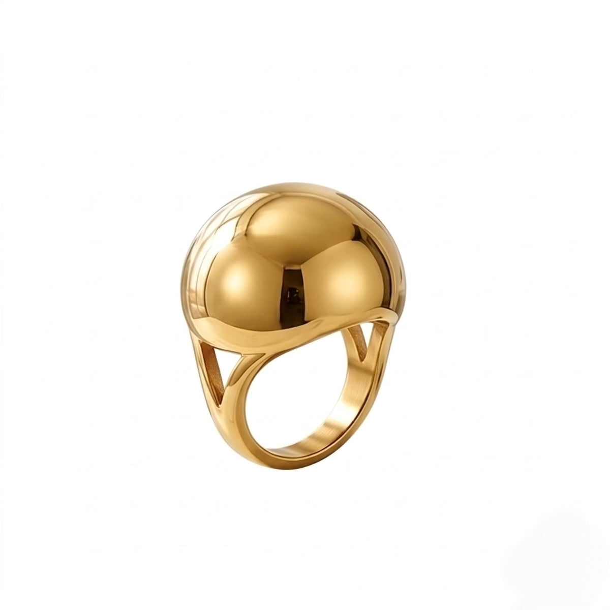 BEHI MILANO Erika Ring — 18k gold chunky sphere dome statement ring on white background