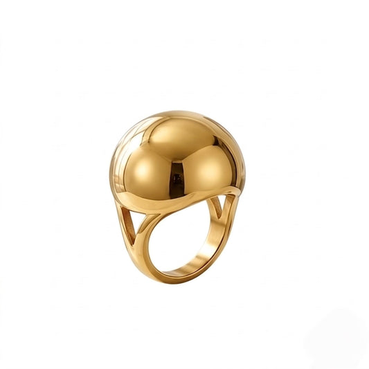 BEHI MILANO Erika Ring — 18k gold chunky sphere dome statement ring on white background